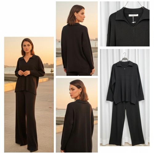 Ribbed Knit Top and Wide-Leg Pants Set Ribbed Knit Top and Wide-Leg Pants Set