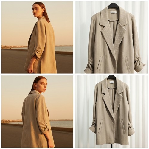 Pinstripe Blazer with Ruched Sleeves Pinstripe Blazer with Ruched Sleeves