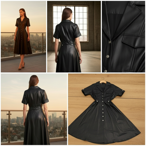 Leather Utility Dress with Gold Buttons Leather Utility Dress with Gold Buttons