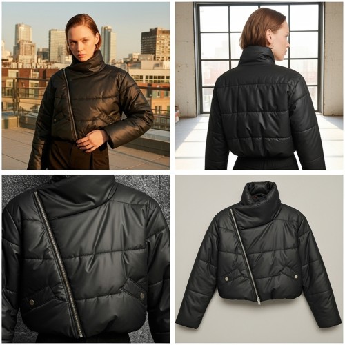 Leather Asymmetric Cropped Puffer Jacket Leather Asymmetric Cropped Puffer Jacket