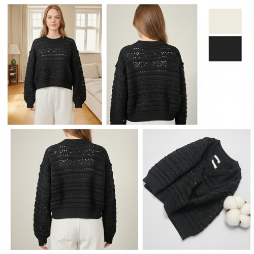 Imported Chunky Open-Knit Pointelle Pullover Imported Chunky Open-Knit Pointelle Pullover