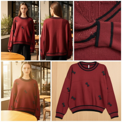 Knit Sweater with Black Bow Embellishments Knit Sweater with Black Bow Embellishments