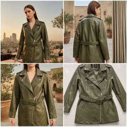 جاكيت ترنش جلد مع حزام جاكيت ترنش جلد مع حزام