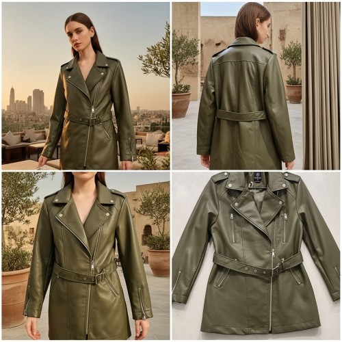 جاكيت ترنش جلد مع حزام جاكيت ترنش جلد مع حزام