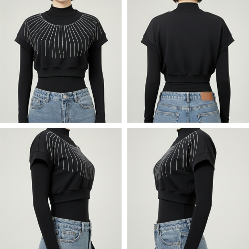 سويت شيرت قصير مزين بأحجار الراين اللامعة سويت شيرت قصير مزين بأحجار الراين اللامعة