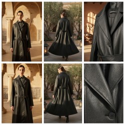 معطف جلد طويل بحزام معطف جلد طويل بحزام