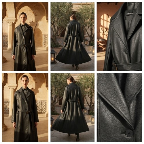 معطف جلد طويل بحزام معطف جلد طويل بحزام