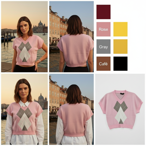 Argyle Pattern Cropped Short-Sleeve Knit Pullover Argyle Pattern Cropped Short-Sleeve Knit Pullover