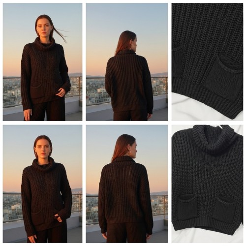 Chunky Knit Cropped Turtleneck Pullover with Pockets Chunky Knit Cropped Turtleneck Pullover with Pockets