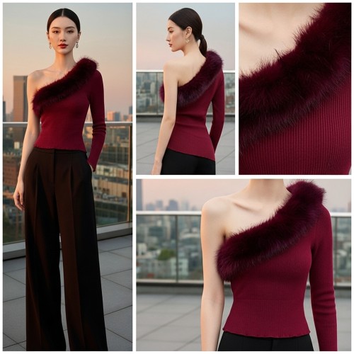 Off-Shoulder Ribbed Top with Fur Trim Off-Shoulder Ribbed Top with Fur Trim