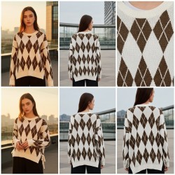 Oversized Argyle Knit Pullover with Side Ties Oversized Argyle Knit Pullover with Side Ties