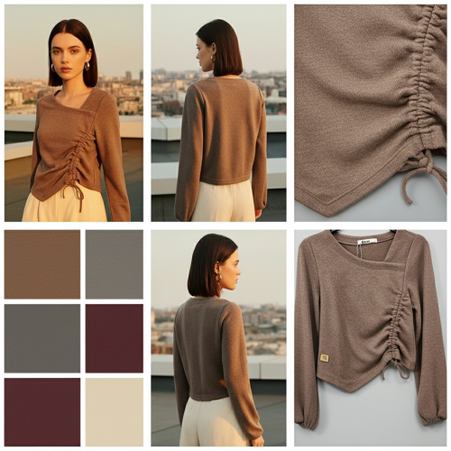 Ribbed Asymmetric Drawstring Long Sleeve Top Ribbed Asymmetric Drawstring Long Sleeve Top