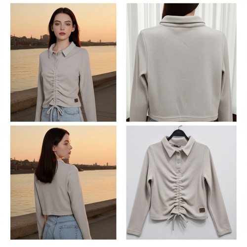 Ribbed Collared Drawstring Cropped Top Ribbed Collared Drawstring Cropped Top