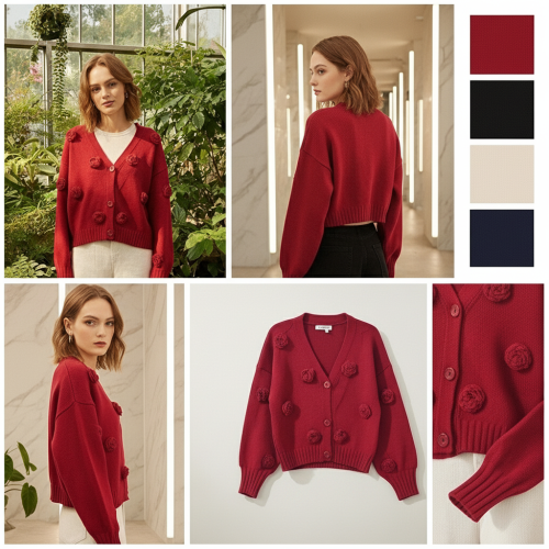 Cropped Cardigan with 3D Flower Appliqués Cropped Cardigan with 3D Flower Appliqués