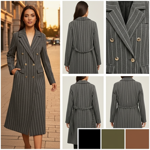 Pinstripe Double-Breasted Long Coat Pinstripe Double-Breasted Long Coat