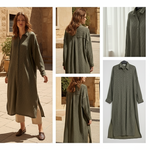 فستان قميص طويل محبوك بالكابلات فستان قميص طويل محبوك بالكابلات