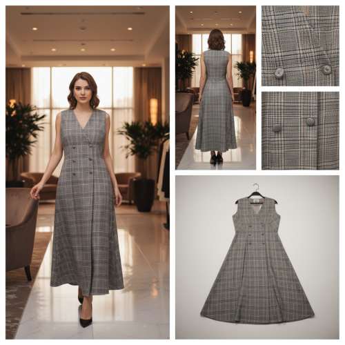 فستان طويل بصفين من الأزرار بنقشة الكاروهات فستان طويل بصفين من الأزرار بنقشة الكاروهات