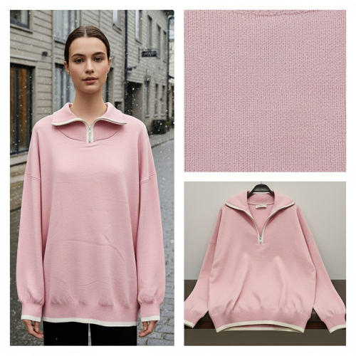 بلوفر تريكو بأكمام طويلة وسحاب قصير عند الياقة بلوفر تريكو بأكمام طويلة وسحاب قصير عند الياقة