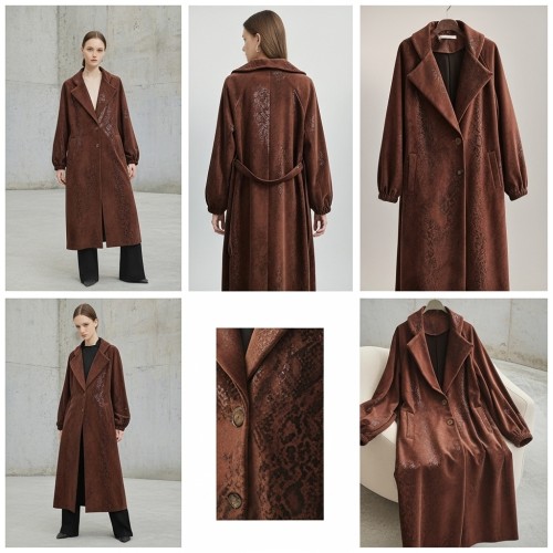 Suede-Effect Long Coat with Embossed Pattern Suede-Effect Long Coat with Embossed Pattern