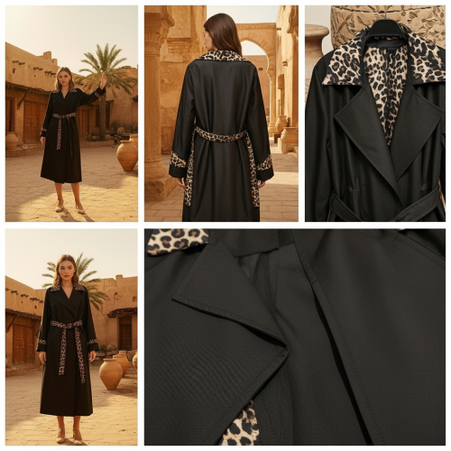 Black Trench Coat with Leopard Trim Black Trench Coat with Leopard Trim