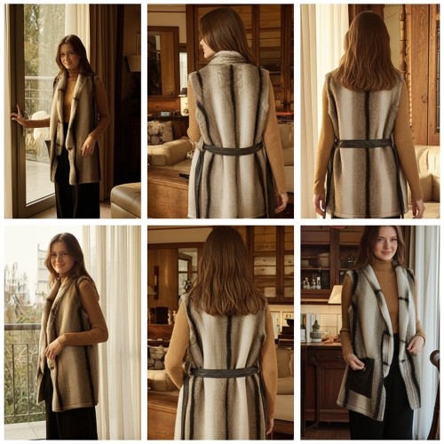 Fur Sleeveless Vest with Leather Belt Fur Sleeveless Vest with Leather Belt